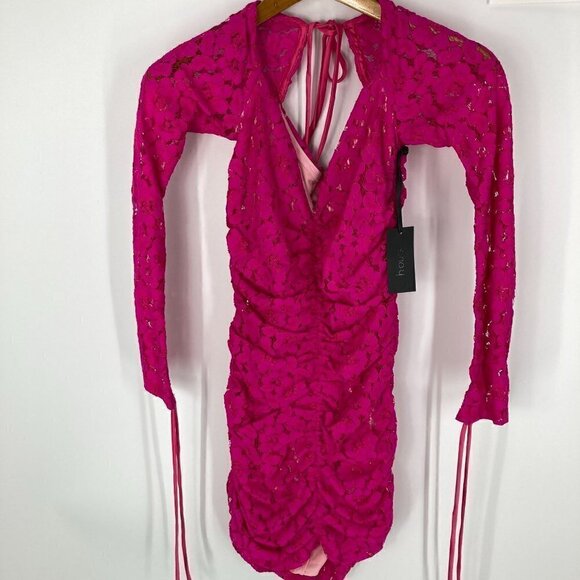NWT Revolve h:ours pink lace ruched dress Francin bodycon style sz S Bar… - Picture 3 of 8
